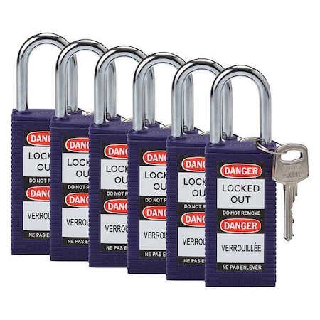 Brady Lockout Padlock, Keyed Alike, Nylon, Purple, 1 1/2 in Shackle Height, 1 1/2 in Body Width, 6 PK 123430