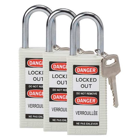 Brady Lockout Padlock, Keyed Alike, Nylon, White, 1 1/2 in Shackle Height, 1 1/2 in Body Width, 3 PK 123422