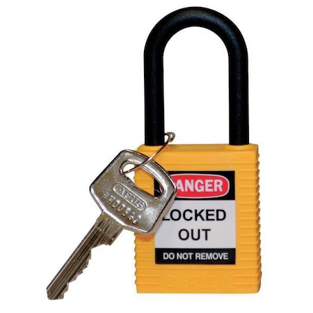 Brady Lockout Padlock, Keyed Different, Nylon, Yellow, 1 1/2 in Shackle Height, 1 1/2 in Body Width 123327