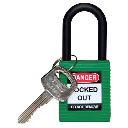Brady Lockout Padlock, Keyed Different, Nylon, Green, 1 1/2 in Shackle Height, 1 1/2 in Body Width 123326