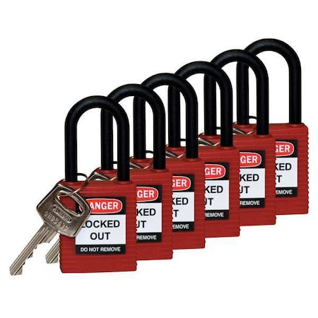 Brady Lockout Padlock, Keyed Different, Nylon, Red, 1 1/2 in Shackle Height, 1 1/2 in Body Width, 6 PK 123351