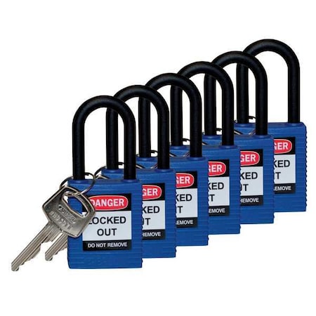 Brady Lockout Padlock, Keyed Different, Nylon, Blue, 1 1/2 in Shackle Height, 1 1/2 in Body Width, 6 PK 123352