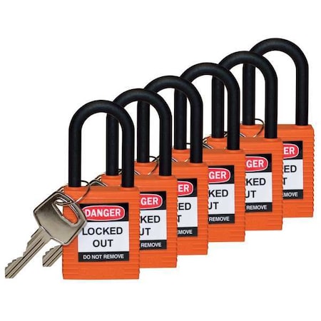 Brady Lockout Padlock, Keyed Different, Nylon, Orange, 1 1/2 in Shackle Height, 1 1/2 in Body Width, 6 PK 123355