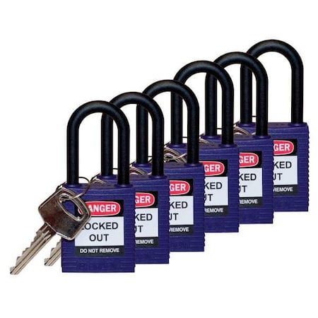 Brady Lockout Padlock, Keyed Different, Nylon, Purple, 1 1/2 in Shackle Height, 1 1/2 in Body Width, 6 PK 123358