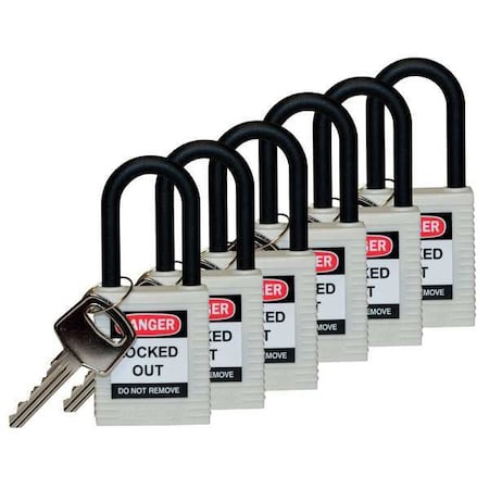 Brady Lockout Padlock, Keyed Different, Nylon, White, 1 1/2 in Shackle Height, 1 1/2 in Body Width, 6 PK 123359
