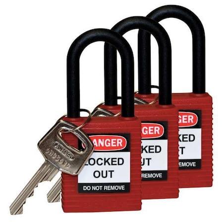 Brady Lockout Padlock, Keyed Alike, Nylon, Red, 1 1/2 in Shackle Height, 1 1/2 in Body Width, 3 PK 123333