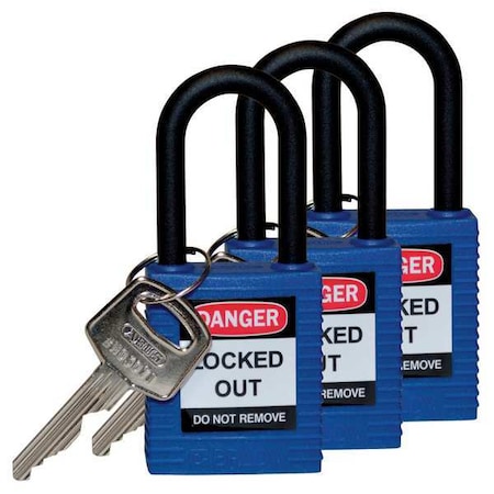 Brady Lockout Padlock, Keyed Alike, Nylon, Blue, 1 1/2 in Shackle Height, 1 1/2 in Body Width, 3 PK 123334