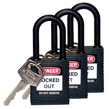 Brady Lockout Padlock, Keyed Alike, Nylon, Black, 1 1/2 in Shackle Height, 1 1/2 in Body Width, 3 PK 123338
