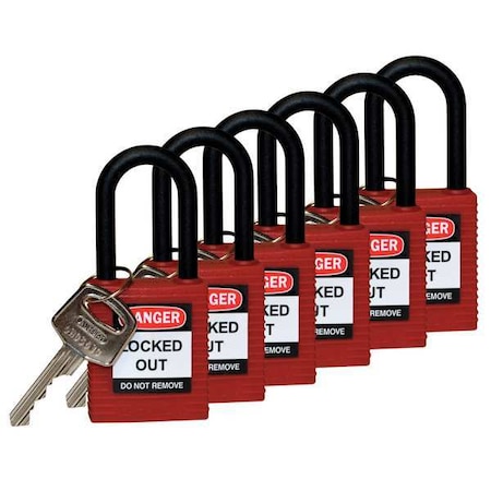 Brady Lockout Padlock, Keyed Alike, Nylon, Red, 1 1/2 in Shackle Height, 1 1/2 in Body Width, 6 PK 123342