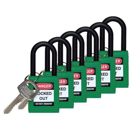 Brady Lockout Padlock, Keyed Alike, Nylon, Green, 1 1/2 in Shackle Height, 1 1/2 in Body Width, 6 PK 123344