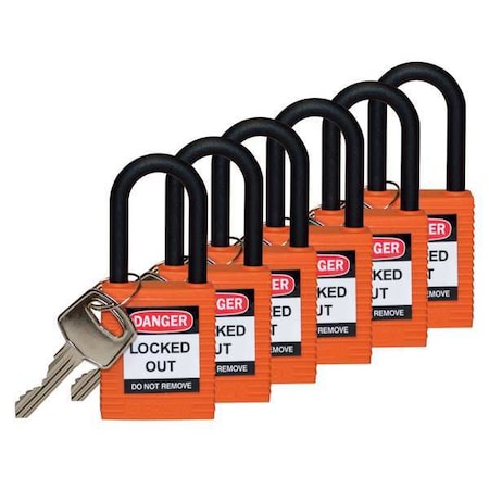 Brady Lockout Padlock, Keyed Alike, Nylon, Orange, 1 1/2 in Shackle Height, 1 1/2 in Body Width, 6 PK 123346