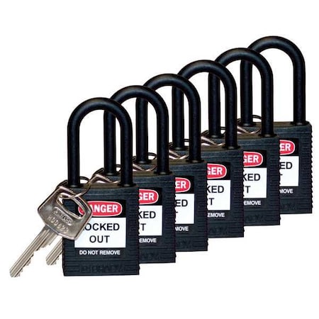 Brady Lockout Padlock, Keyed Alike, Nylon, Black, 1 1/2 in Shackle Height, 1 1/2 in Body Width, 6 PK 123347