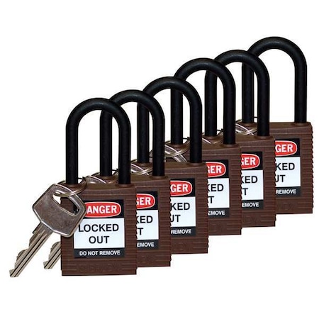 Brady Lockout Padlock, Keyed Alike, Nylon, Brown, 1 1/2 in Shackle Height, 1 1/2 in Body Width, 6 PK 123348