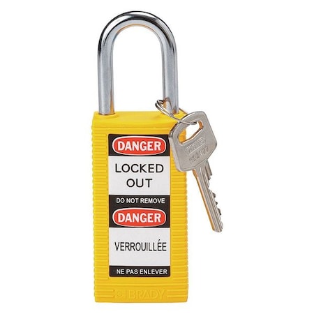 Brady Lockout Padlock, Keyed Different, Nylon, Yellow, 1 1/2 in Shackle Height, 1 1/2 in Body Width 123408
