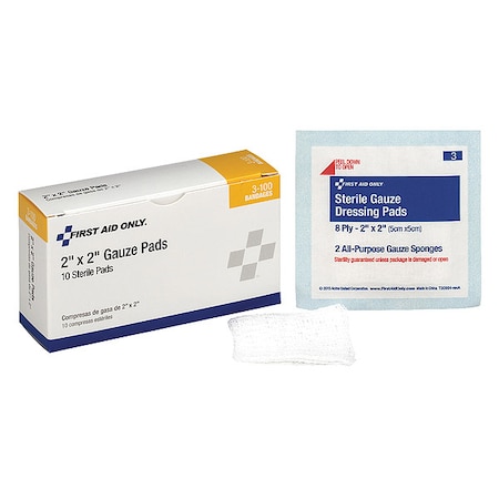 First Aid Only Gauze Pad, Sterile, White, No, Gauze, PK10 3-100
