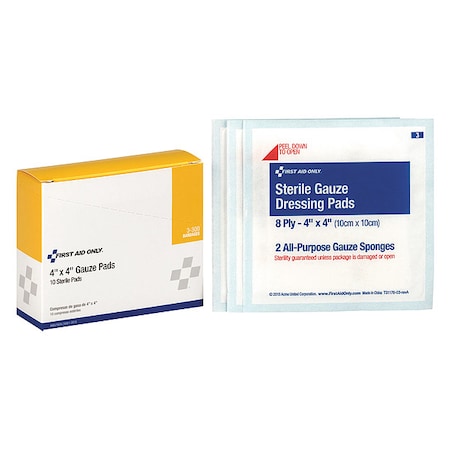 First Aid Only Gauze Pad, Sterile, White, No, Gauze, PK10 3-300