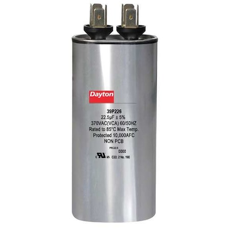 Dayton Motor Run Capacitor, 22.5 MFD, 3-5/8 In. H 39P226