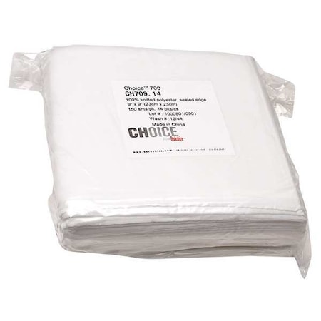 BERKSHIRE Dry Wipe, White, Pack, Polyester, 150 Wipes, 9 in x 9 in CH709.14