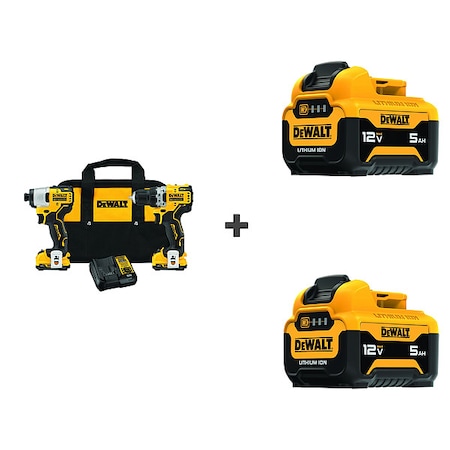 Dewalt Drill/Impct Kit, 12V, w/2 Bonus Batteries DCK221F2/DCB126/DCB126