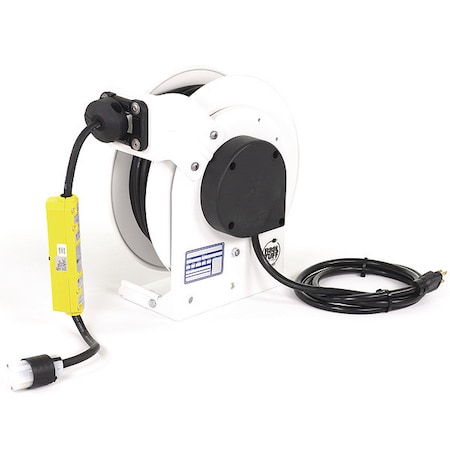 Kh Industries Cord Reel, NEMA 5-20P, 12 AWG, White Reel Color, 25 ft Length, 1 Outlets RTAG3LW-WC520-J12F