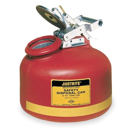 Justrite Liquid Disposal Safety Can, Polyethylene, 2 gal, Spring-Loaded Sealed Cap, Red, Flammables 14762