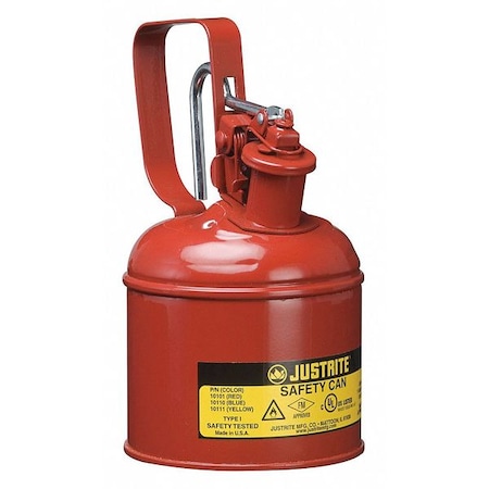 Justrite Type I Safety Can, Galvanized Steel, 1 qt, Trigger Handle, Self-Closing Lid, Red, Flammables 10101