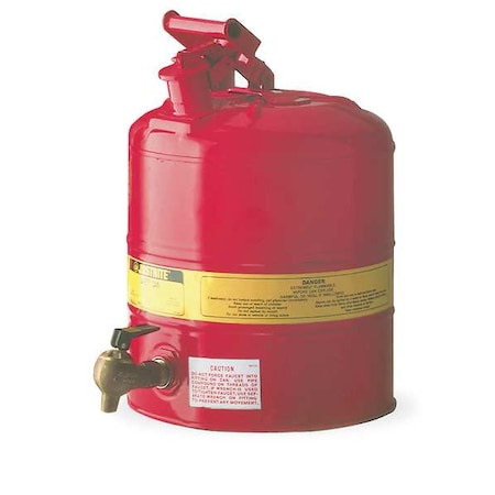 Justrite Type I Safety Can, Galvanized Steel, 5 gal, Bottom Brass Faucet, Red, Flammables 7150140