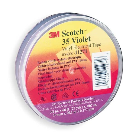 3M Vinyl Electrical Tape, 35, Scotch, 3/4 in W x 66 ft L, 7 mil Thick, Violet, 1 Pack 11271