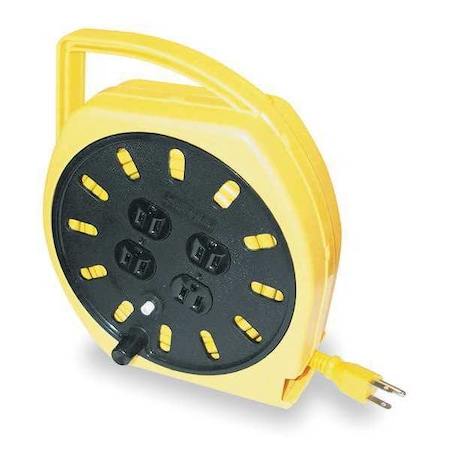 Zoro Select Cord Reel w/ Hand Lamp, Hand Operated, NEMA 5-15P, 16 AWG, Yellow Reel, 25 ft L (Formerly LumaPro) 3A535