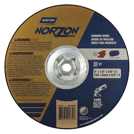 NORTON ABRASIVES Depressed Center Wheels, Type 27, 9 in Dia, 0.25 in Thick, 5/8"-11 Arbor Hole Size, Ceramic 66253021634