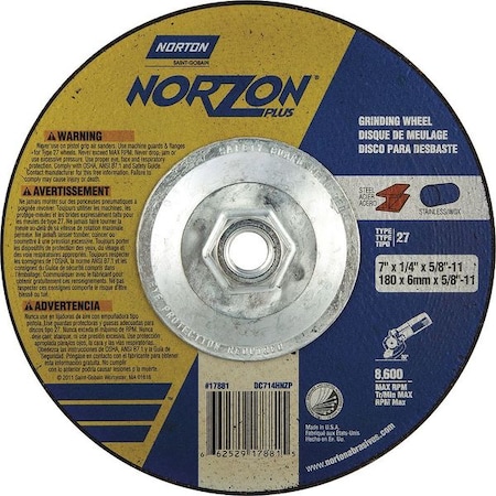 Norton Abrasives Depressed Center Grinding Wheel, Type 27, 7 in Dia, 0.25 in Thick, 5/8"-11 Arbor Hole Size, Ceramic 66252917881
