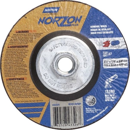 Norton Abrasives Depressed Center Grinding Wheel, Type 27, 4 1/2 in Dia, 0.25 in Thick, 5/8"-11 Arbor Hole Size 66252843326