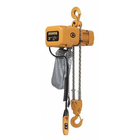 Harrington Electric Chain Hoist, 6,000 lb, 15 ft, Hook Mounted - No Trolley, 208-230/460V AC, Yellow NER030C-15