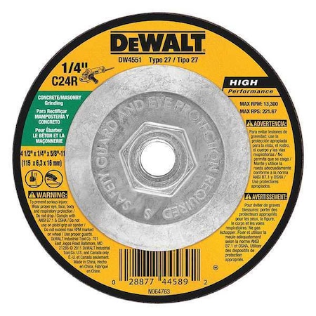 Dewalt Depressed Center Grinding Wheel, Type 27, 4 1/2 in Dia, 0.125 in Thick, 5/8"-11 Arbor Hole Size DW4552