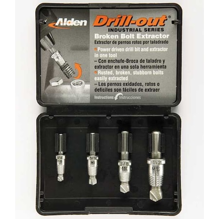 ALDEN Drill/Extractor Set, 4 PC, 1/4-1/2 In Cap 4017P