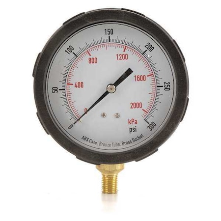 Zoro Select Industrial Pressure Gauge, 0 to 300 psi, 4 in Dial, 1/4 in NPT, Bottom Location 4EFF8