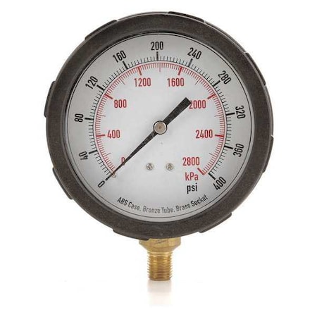 Zoro Select Industrial Pressure Gauge, 0 to 400 psi, 4 in Dial, 1/4 in NPT, Bottom Location 4EFF9