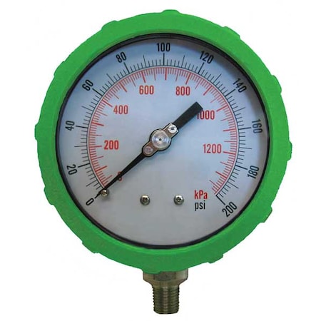 Zoro Select Industrial Pressure Gauge, 0 to 200 psi, 4 in Dial, 1/4 in NPT, Bottom Location 4EFH5