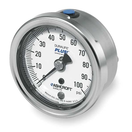Ashcroft Industrial Pressure Gauge, 0 to 100 psi, 2 1/2 in Dial, 1/4 in NPT, Lower Back Location 251009SW02BXLL100