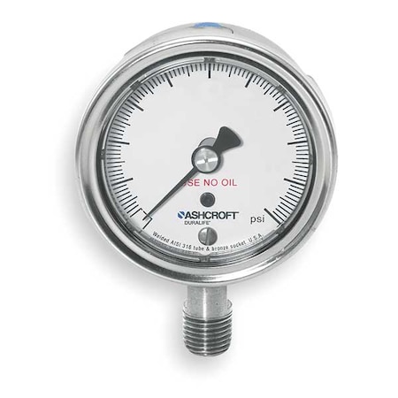 Ashcroft Industrial Pressure Gauge, 0 to 15 psi, 2 1/2 in Dial, 1/4 in NPT, Bottom Location 251009SW02LX6B15