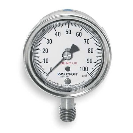 Ashcroft Industrial Pressure Gauge, 0 to 100 psi, 2 1/2 in Dial, 1/4 in NPT, Bottom Location 251009SW02LX6B100
