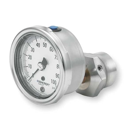 Ashcroft Pressure Gauge with Diaphragm Seal, 0 to 100 psi, 2 1/2 in Dial, 1/4 in NPT, Lower Back Location 251009AW02B100#/25310SS02TXCG