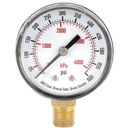 Zoro Select Pressure Gauge, 0 to 600 psi, 2 in Dial, 1/4 in BSPT Bottom Location, ABS Plastic Case Material 4EFA4
