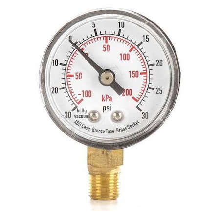 Zoro Select Commercial Compound Gauge, 30 to 0 to 30 psi, 1 1/2 in Dial, 1/8 in NPT, Bottom Location 4FLP7