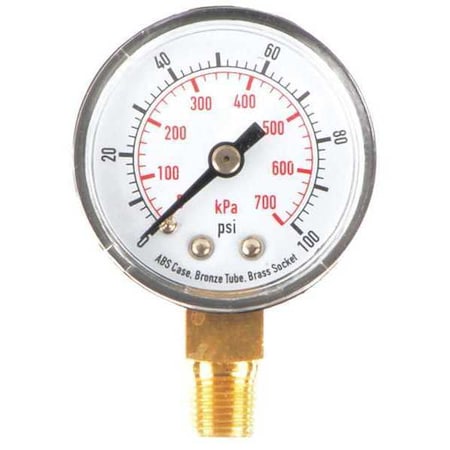 ZORO SELECT Pressure Gauge, 0 to 100 psi, 1/8 in MNPT, Plastic, Black 4FLR2