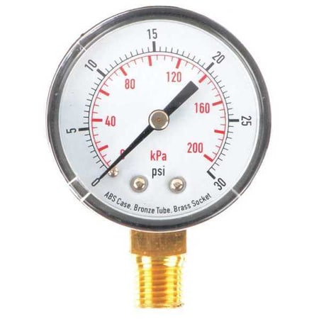 ZORO SELECT Pressure Gauge, Commercial, 0 to 30 psi, 2 in Dial, 1/4 in MNPT, Plastic, Black 4FLT8