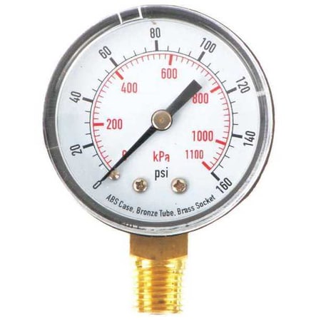 ZORO SELECT Pressure Gauge, Commercial, 0 to 160 psi, 2 in Dial, 1/4 in MNPT, Plastic, Black 4FLU2