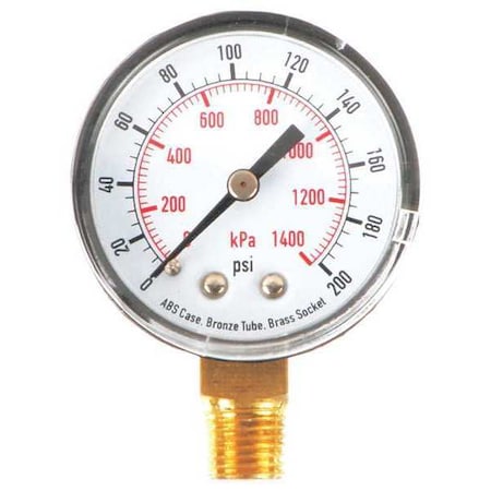 ZORO SELECT Pressure Gauge, 0 to 200 psi, 1/4 in MNPT, Plastic, Black 4FLU3