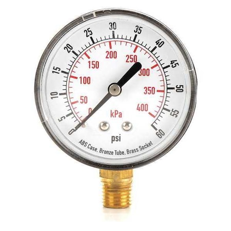 ZORO SELECT Pressure Gauge, 0 to 60 psi, 1/4 in MNPT, Plastic, Black 4FLV8