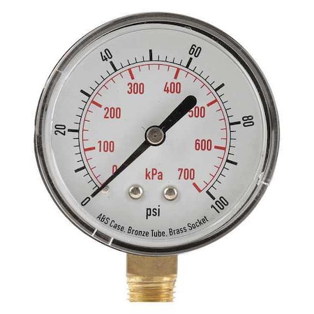 ZORO SELECT Pressure Gauge, 0 to 100 psi, 1/4 in MNPT, Plastic, Black 4FLX8